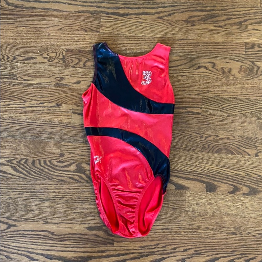 red GK Elite region 3 gymnastics leotard
